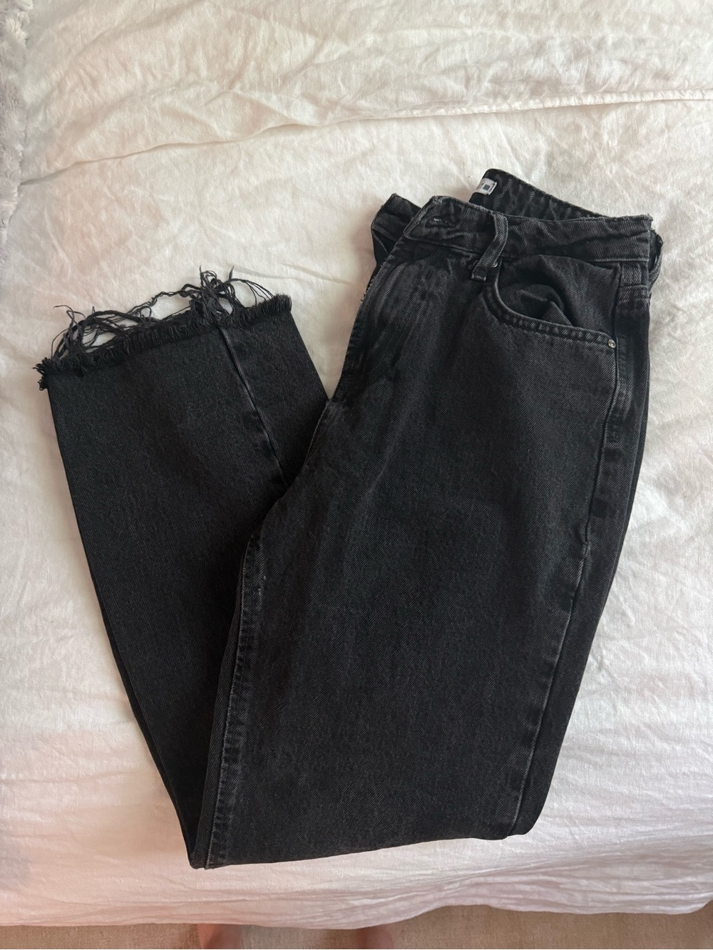 Zara Black Straight Leg Jeans with Frayed Hem